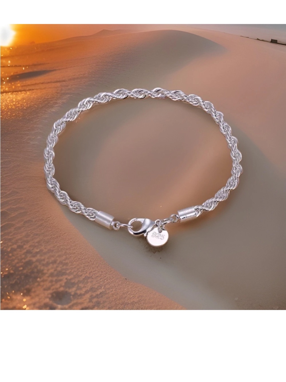 Unisex Silver-Plated Rope Chain Bracelet 7.5” Lobster Clasp Vintage-Style